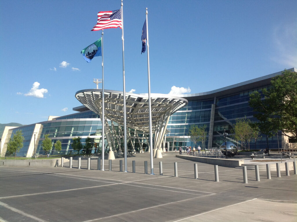 Flags in front of a commercial building