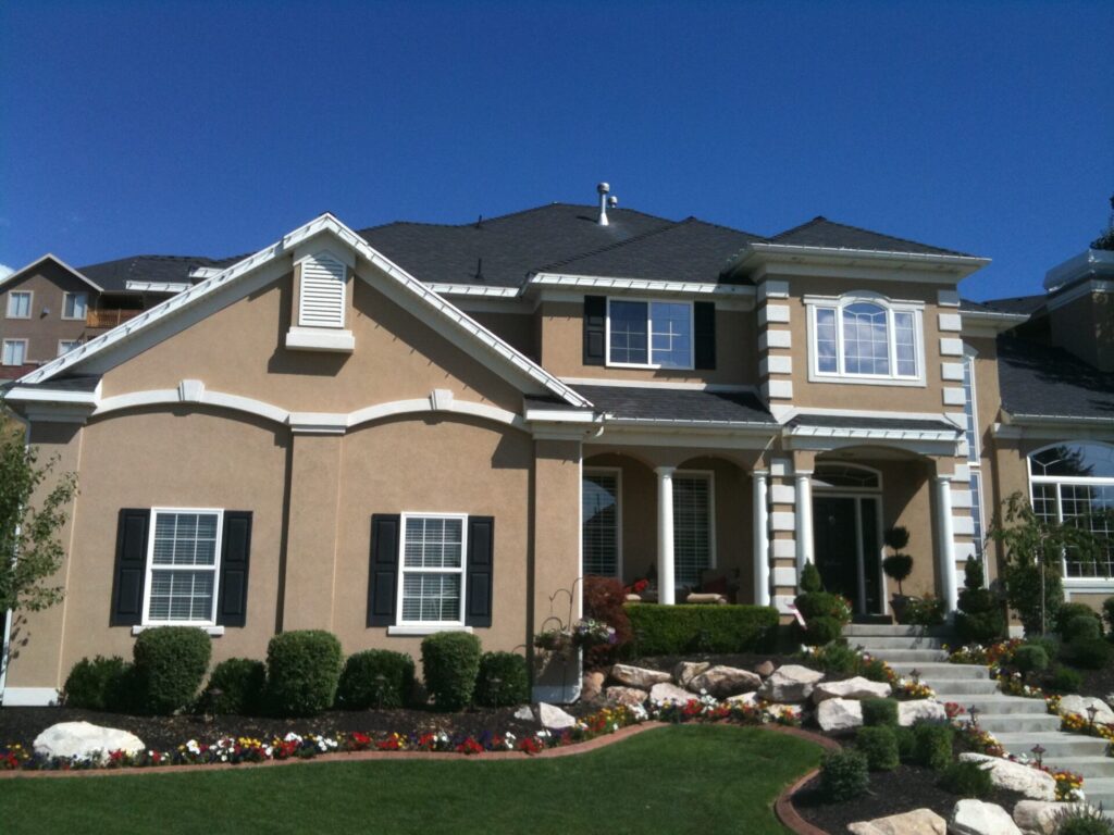 A residential property with brown and white designs