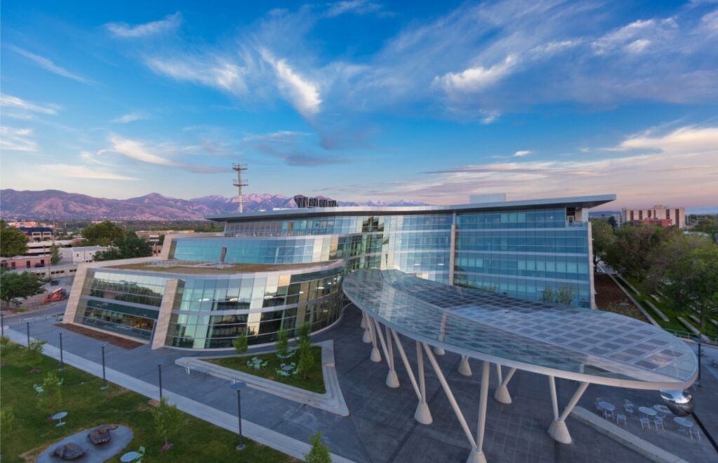 An aerial view of the SLC Public Safety Building  